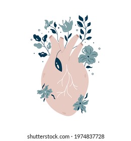 Anatomical heart with flowers and different plants. Vector illustration, flat design.
