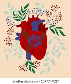 
Anatomical Heart with flowers and leaves. Trendy print for T-shirts and sweatshirts. Spring romantic heart. Hand drawn illustration 