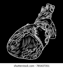 Anatomical heart. Hand drawn flash tattoo concept of anatomy heart. Valentine's day card design element. Vector.