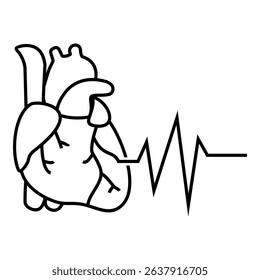 Anatomical heart with heartbeat line. Simple black and white medical illustration of human heart with ECG pulse.