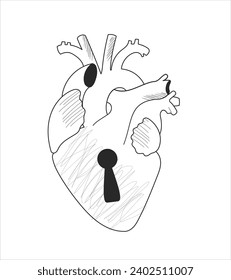 Anatomical heart padlock line sketch with keyhole. Flat simple drawing with textures.