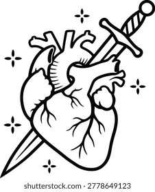 Anatomical heart pierced by dagger drawn in bold gothic tattoo style line art with decorative sparkles isolated on transparent background for dark themed vector designs