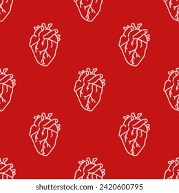 Anatomical heart seamless vector pattern on red background