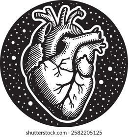 anatomical heart, tattoo, Valentines day card theme, sketch engraving, vector illustration. Scratch board. Black and white image.