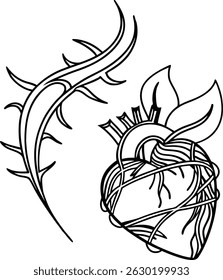 Anatomical heart and thorn branch outline illustration in bold black line art style