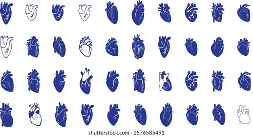 Anatomical heart vector silhouette icon set.