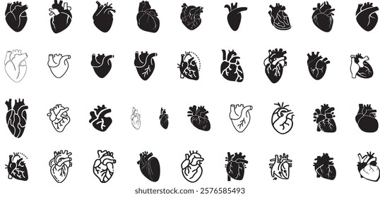Anatomical heart vector silhouette icon set.