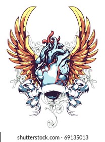 Anatomical heart with wings, ribbon and flourish pattern. Grunge style. Layered. Vector EPS 10 illustration.