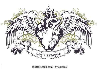 Anatomical heart with wings, ribbon and flourish pattern. Grunge style. Layered. Vector EPS 10 illustration.