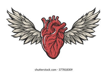 Anatomical heart with wings. Tattoo sign,symbol. Color version.