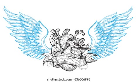 Anatomical heart with wings. Tattoo sign,symbol. Color version.