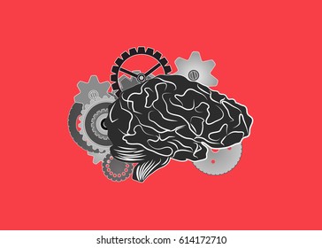 Anatomical human brain with gears. Concept of human thinking.