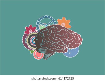 Anatomical human brain with gears. Concept of human thinking.