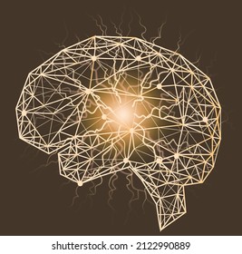 Anatomical human brain with painful area. Innovative technology in medicine, disease diagnostics concept. Organ of human central nervous system. Poligonal depiction of brain with headache, migraine