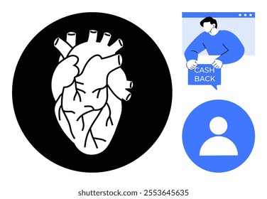 Anatomical human heart drawing, cashback offer symbol with person holding a sign, and user profile icon. Ideal for medical themes, e-commerce, user experience, anatomy studies, web design. Minimalist