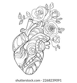 Anatomical human heart with flowers roses Line drawing vector illustration.Mechanical human heart organ with flowers growing from it,sketch drawing suyurealistic design for print,emblem,tattoo  idea