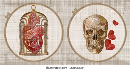 Anatomical human heart, golden cage and skull. Medieval style. Embroidery collection. Template tambour frame with a canvas, elements from stitches. Art for clothes 