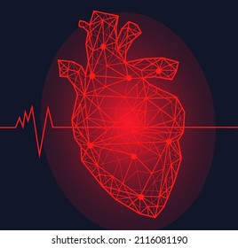 Anatomical human heart with painful area. Innovative technology in medicine, disease diagnostics concept. Organ of human cardiovascular system. Modern depiction of poligonal heart vector illustration