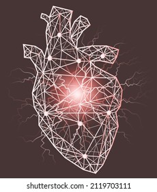 Anatomical human heart with painful area. Innovative technology in medicine, disease diagnostics concept. Organ of human cardiovascular system. Modern depiction of poligonal heart vector illustration