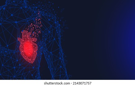 Anatomical human heart with painful area. Innovative technology in medicine, disease diagnostics concept. Organ of human cardiovascular system. Modern depiction of poligonal heart vector illustration