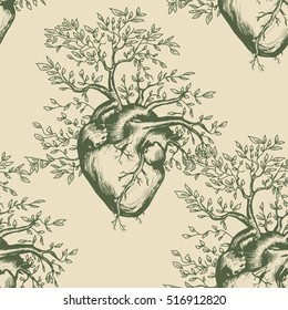 Anatomical Human Heart Seamless Pattern Heart  From Which The Tree Grows 