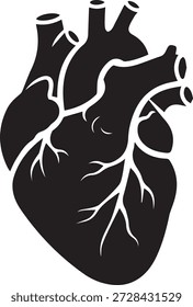 Ilustração vetorial anatômica da silhueta do coração humano. Design Gráfico em Preto e Branco para Conceitos Médicos, de Saúde e de Amor.