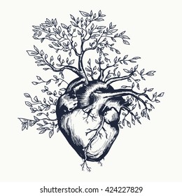 Corazón humano anatómico del cual el árbol crece ilustración vectorial del tatuaje cardíaco