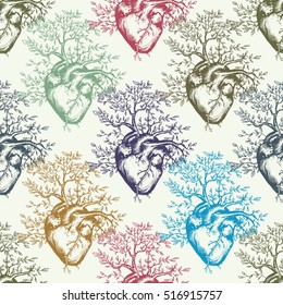 Anatomical Human Heart From Which The Tree Grows Art Seamless Pattern 