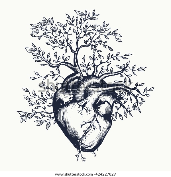 その木が心臓タトゥーアートベクターイラストを育てる解剖学的な人間の心 のベクター画像素材 ロイヤリティフリー