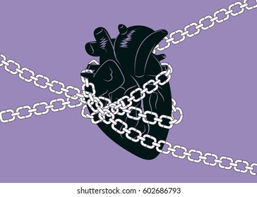 Anatomical human heart wrapped in chains. Represents broken heart or heart disease. Symbol of solitude.