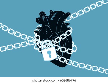 Anatomical human heart wrapped in chains and locked with a padlock. Represents broken heart or heart disease. Symbol of solitude.