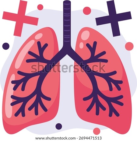 Anatomical human lung illustration featuring bronchus and trachea. Biology research graphic for health awareness campaign. Support healthcare for asthma, bronchitis, infection risk. Diagnose disease