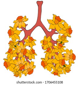 Anatomical human lungs with flowers. Hand drawing vector illustration. Cronavirus infection symbol. Covid-19.