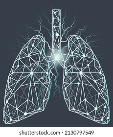 Anatomical human lungs with painful area. Innovative technology in medicine, disease diagnostics concept. Organ of human respiratory system. Poligonal depiction of bronchitis, pneumonia in lung