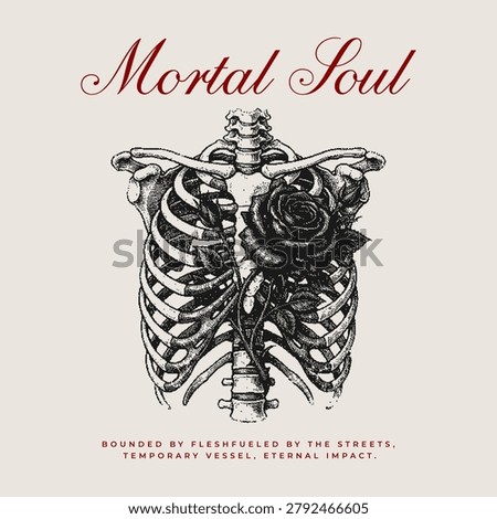 Anatomical Human Rib Cage with Black Rose Vintage Tattoo Style Illustration