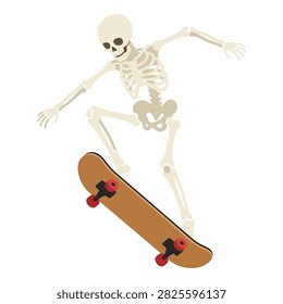 Anatomical human skeleton figure performing tricks on a wooden skateboard, active leisure, funny urban sports concept.