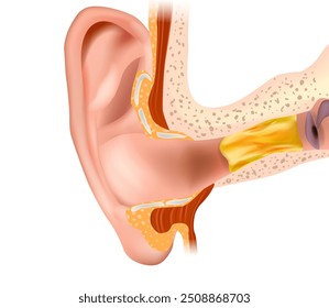 Anatomical illustration of a human ear with ear wax. Formation of earwax blockage.