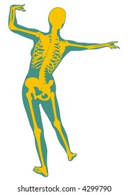 An anatomical illustration of the skeleton beneath the skin of a dancer.