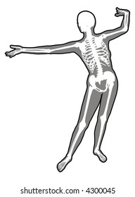 An anatomical illustration of the skeleton beneath the skin of a dancer.