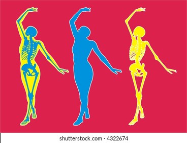 An anatomical illustration of the skeleton beneath the skin of a dancer.