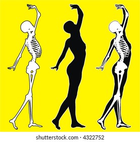 An anatomical illustration of the skeleton beneath the skin of a dancer.