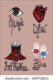 Anatomical illustrations with lettering in  Russian (translation: let see; grow up; it's important; you need(crossed out) gently;)