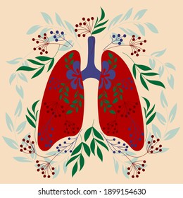 Anatomical Lung with flowers and leaves. Trendy print for T-shirts and sweatshirts. Spring romantic heart. Hand drawn illustration.  Conceptual image, Human lungs. Respiratory system. Healthy lungs. 