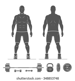 Anatomical man silhouette view from the front and back. Sports equipment. Vector Illustration.