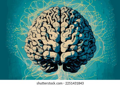 Anatomical model of human brain, digital illustration in vintage hand drawing style