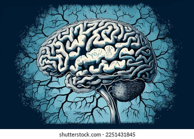Anatomical model of human brain, digital illustration in vintage hand drawing style