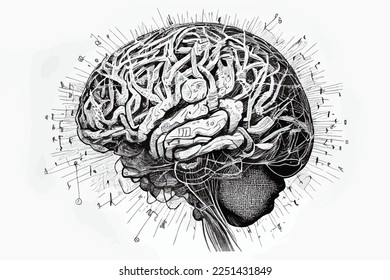 Anatomical model of human brain, digital illustration in vintage hand drawing style