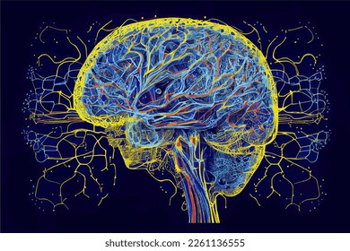 Anatomical model of human brain, digital illustration in vintage hand drawing style