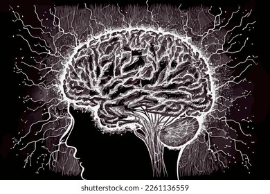 Modelo anatómico del cerebro humano, ilustración digital en estilo vintage de dibujo manual