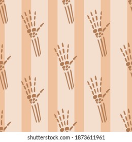Anatomical seamless pattern with brown outline bones hand ornament. Striped beige background. Graphic design for wrapping paper and fabric textures. Vector Illustration.